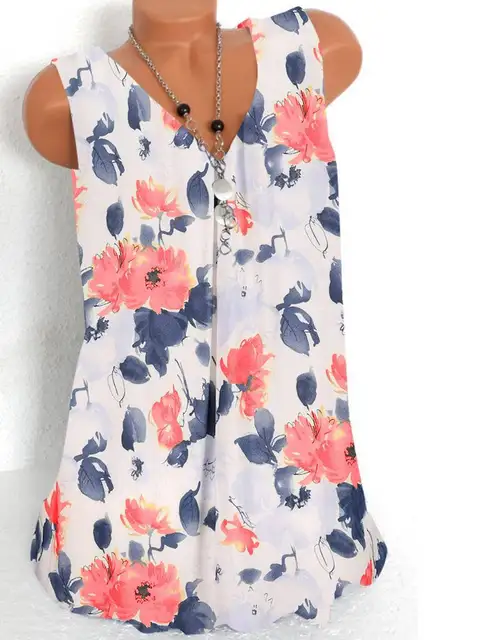 Fashion printing large size women T-shirt V-neck sleeveless vest casual ladies T-shirt women tops 19