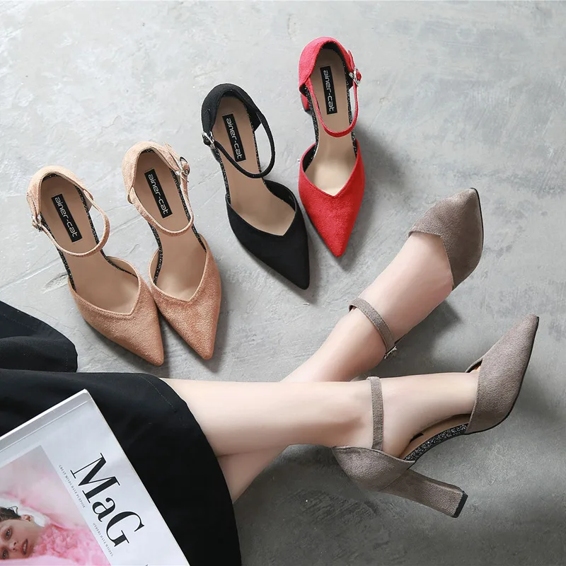 

3811 Europe And America Chunky-Heel Versatile Suede Straight-line Buckle Pointed-Toe WOMEN'S Shoes Hallow Shoes High Heel Shoes