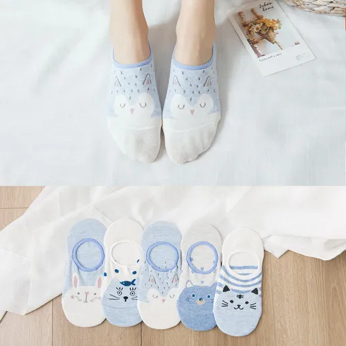 귀여운 고양이 여우 면 소재 여성용 슬리퍼, 캐주얼 재미있는 한국 귀여운 카와이 만화 하라주쿠 보트 발목 양말, 여름, 5 쌍 4