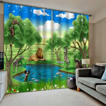 

custom curtains Blue sky and white grassland animals 3d Curtains Blackout for Living Room Kids Bedroom Fabric