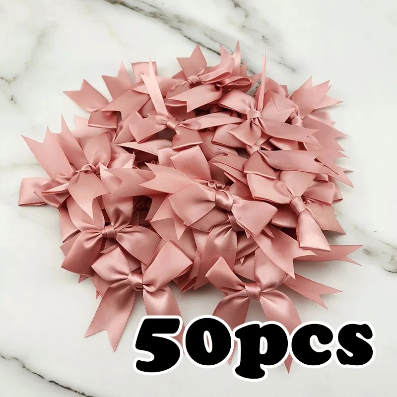 Pack of 50 Fresh Pink Satin Ribbon Bows for Floral Craft and DIY Party Decoration