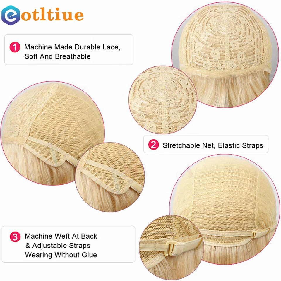 Eotltiue Silky Straight Human Hair Wigs 613 Blonde Brazilian Remy Human Hair Wigs with Bangs Machine Made None Lace Front