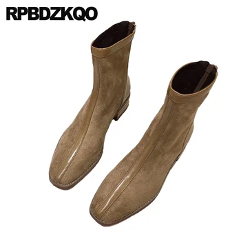 

winter short block suede chinese fall luxury brand shoes women slip on ankle square toe fashion boots fur chunky autumn 2019