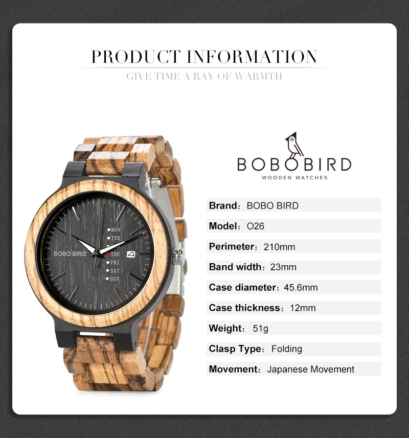 Zebra Wood Men's Auto Date Wooden Wristwatch C-O26