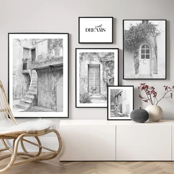 

Vintage Poster Door Canvas Print Wall Art Street Landscape Posters and Prints Black White Wall Pictures for Living Room Decor