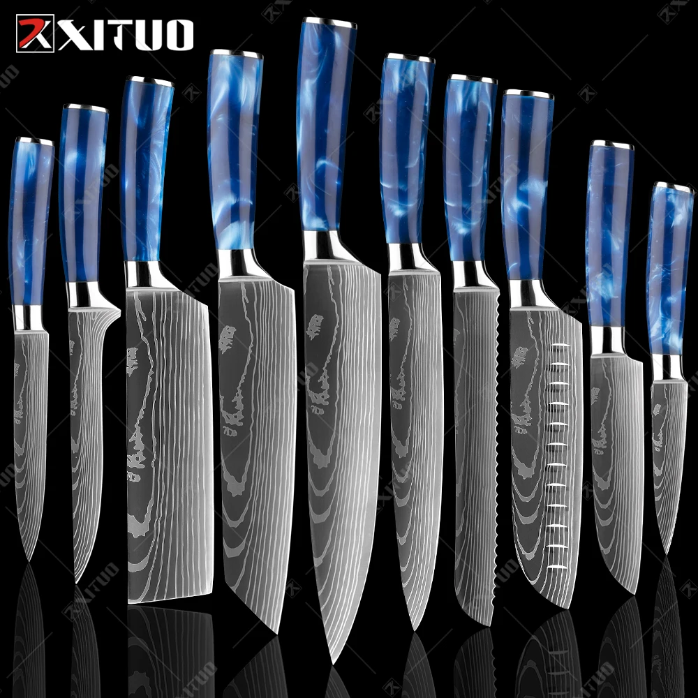 XITUO Kitchen Knife Set Japanese Chef Knives 7CR17 Stainless Steel Damascus Laser Slicing Santoku Cleaver 1-10pc Kitchen Knifes
