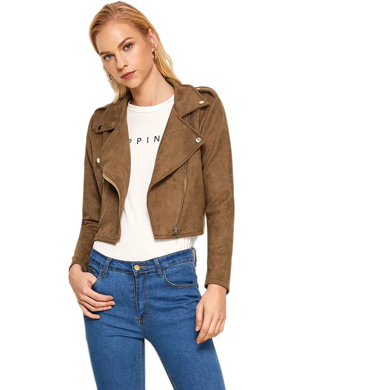 COLROVIE Brown Waterfall Collar Zipper Suede Biker Women Autumn Streetwear Ladies Crop Jackets Solid Casual Outerwear