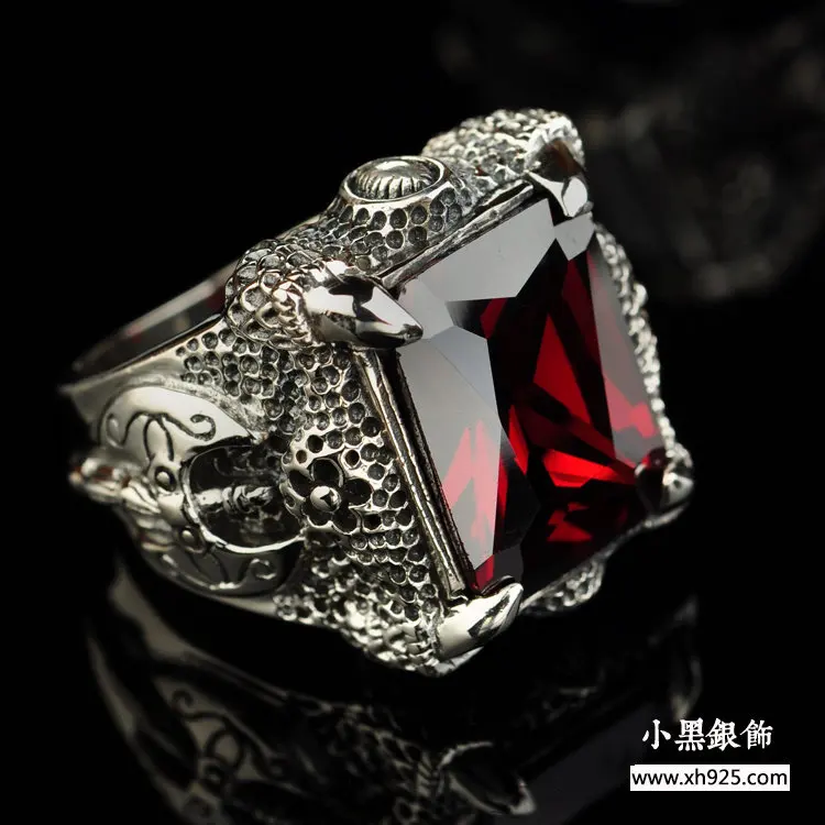 

Black Silver 925 Sterling Accessories Axe Dragon Claw with Synthesis Garnet Cool Men Ring 0236