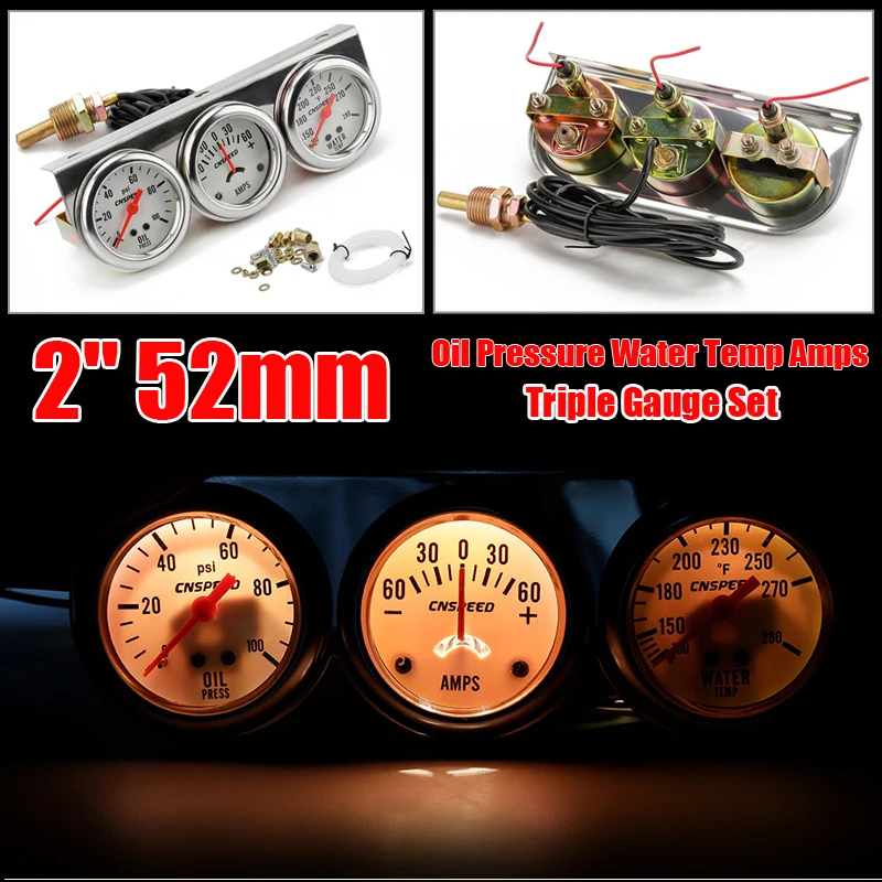 1pc 2'' 52mm Car Panel Oil Pressure Water Temp Amp Meter Triple Gauge 3in1 Set replacement high quality auto Triple Gauge parts