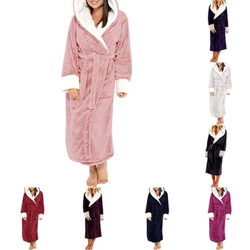 

Hot Women Night Robe Bathrobe Winter Warm Plush Lengthened Shawl Bathrobe Nightgowns Long Sleeve Homewear Coat Thermal