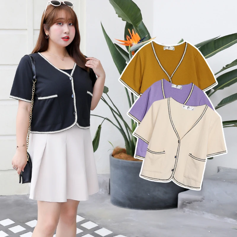 Chubby Girl women's tops plus size summer new korean style bright line ribbon small coat fat large 7346 | Женская одежда
