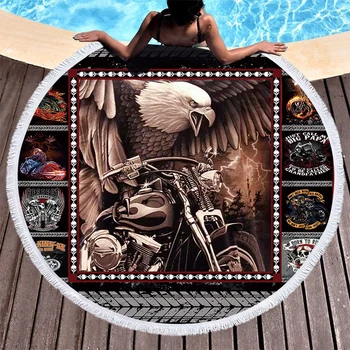 

Motorcycle Eagle Beach Towels Retro Vintage Style Shawl Fringe Microfiber Round Fabric Bath Towels For Living Room Home Decor