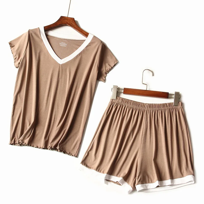 Sanderala Women V-Neck Short Pajamas Sets Top Pants All Match Comfortable Pink Sleepwear Solid Short Full Length Pj Set