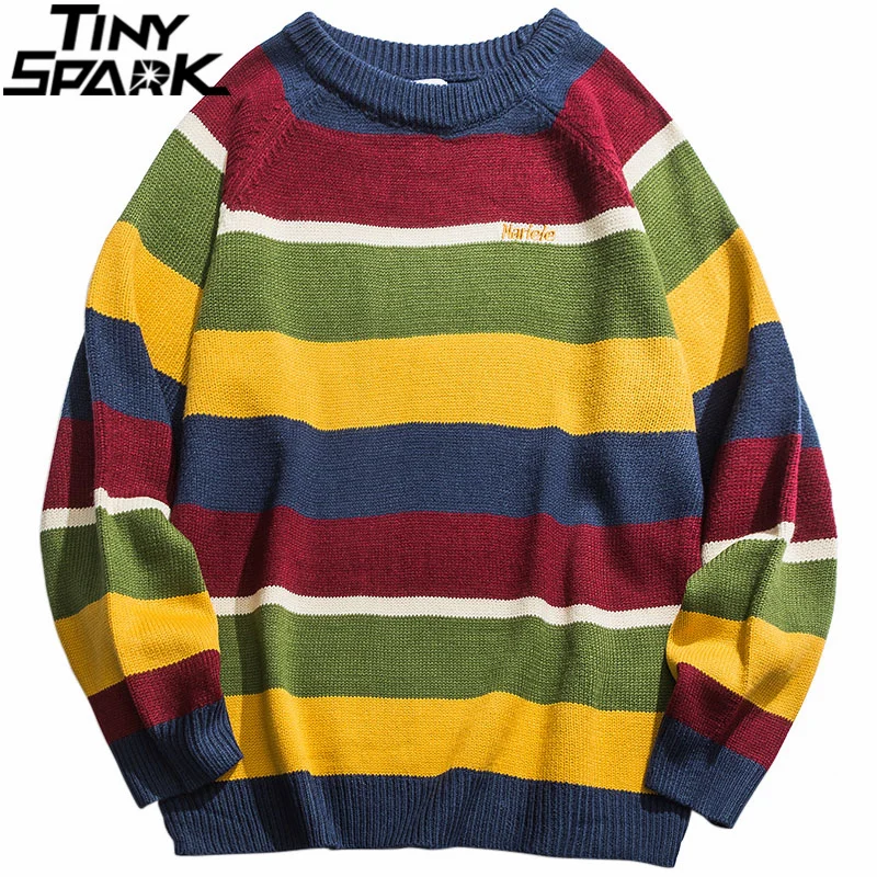 Harajuku ретро Радужный вязаный полосатый свитер мужской хип хоп пуловер свитер уличная Мужская мода осень свитер хлопок
