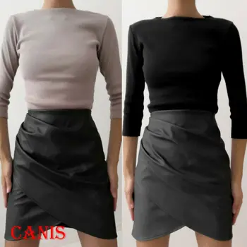 

Women PU Leather Asymmetrical Mini Skirt High Waist Strappy Bodycon Pencil Skirt