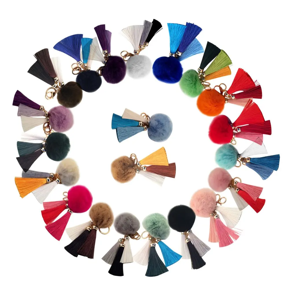 Novelty Lovely Rabbit'S Hair Ball Shape Keychain Pendant Key Ring With Tassel HandBag Pendant Car Keyring Perfect Decoration