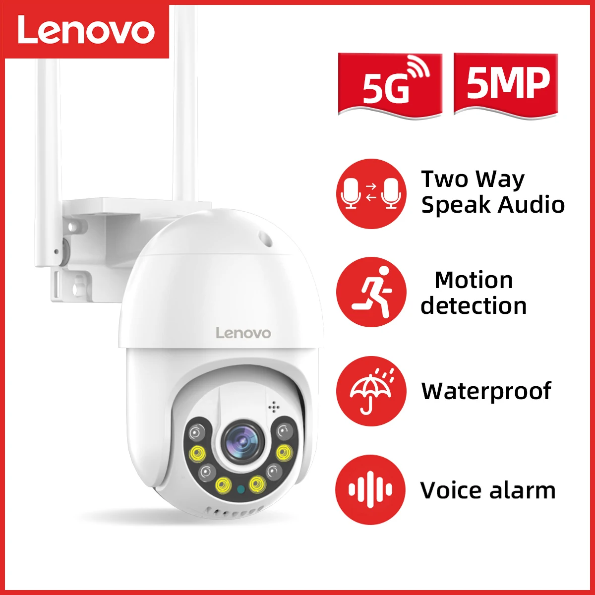 Lenovo 5MP PTZ IP Camera Wifi Outdoor AI Human Detection Audio Wireless
