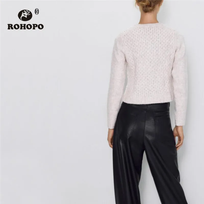 

ROHOPO Round Collar Long Sleeve Front Beading Pearl Sweater Winter Female Solid Sofy Pullover Knitted Outwear #1802