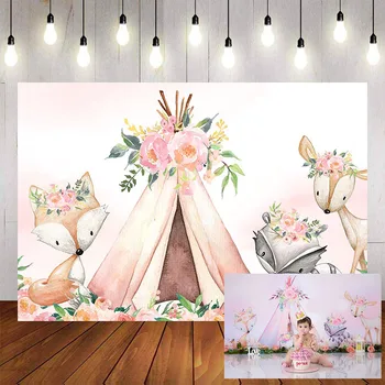 

Mehofond Photography Background Woodland Animals Backdrop 1st Birthday Party Baby Shower Banner Pink Flowers Watercolor Wild
