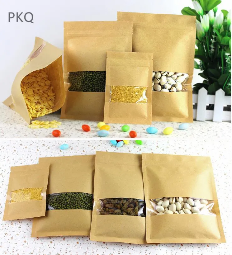 

100pcs Kraft Paper Zip Lock Bag With Window Custom Printed Event Party Gift Bags Tea Packaging Candy Food Pouches