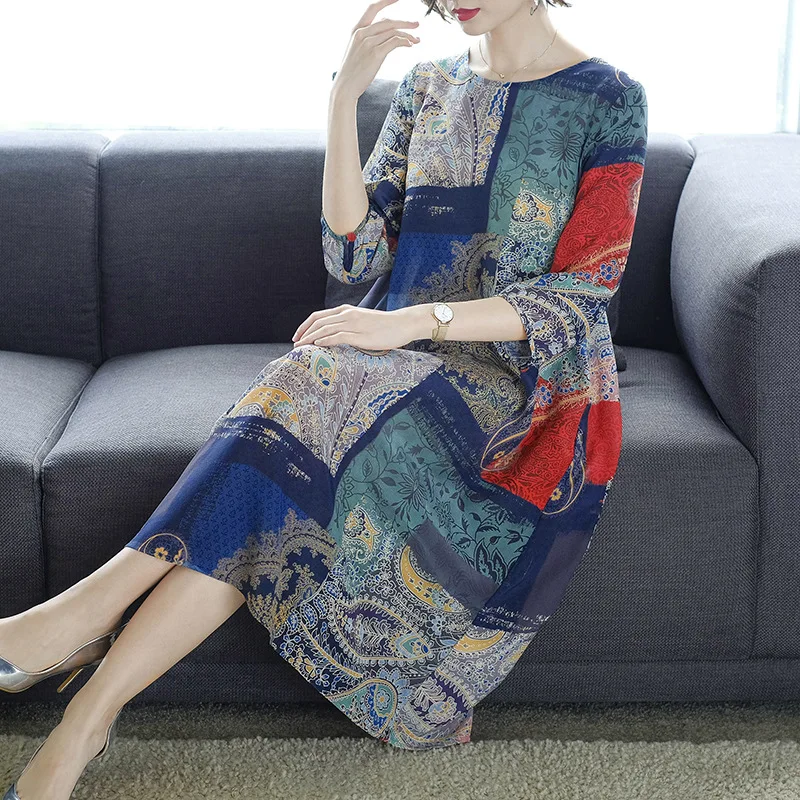 

2019 Spring Clothing New Style WOMEN'S Dress Retro Printed Silk Dress Loose-Fit Mulberry Silk Skirt Summer Wear