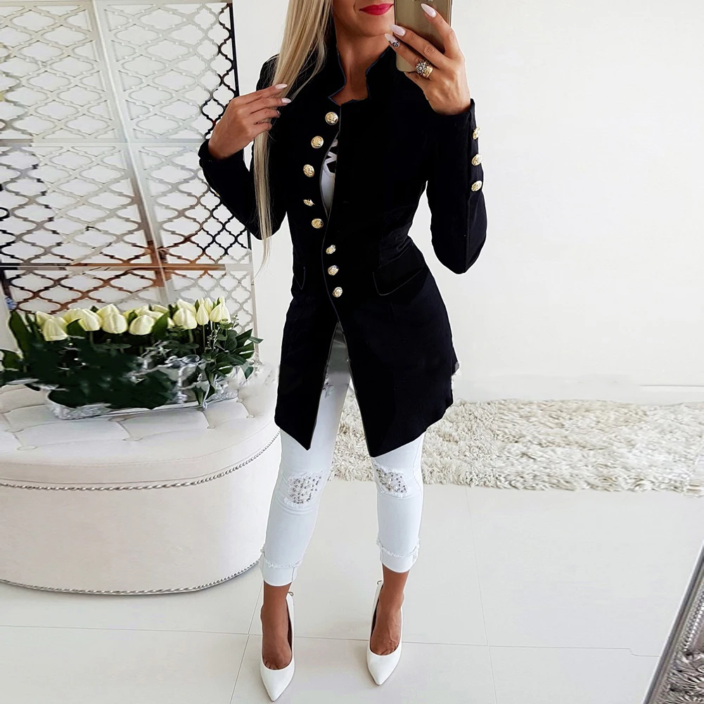 Promo Ladies Blazer Long Sleeve Button Casual Long Blazer Women Suit jacket Female Feminine Blazer Femme Grey Blue Red Black Blazer