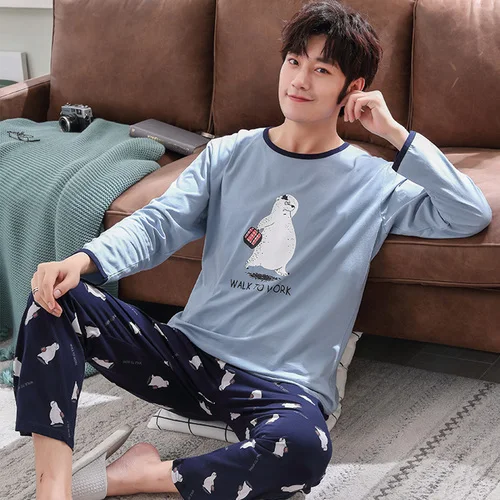 autumn couple pajamas pure cotton long sleeved spring and autumn pajamas two-piece suit - Цвет: 81225-man