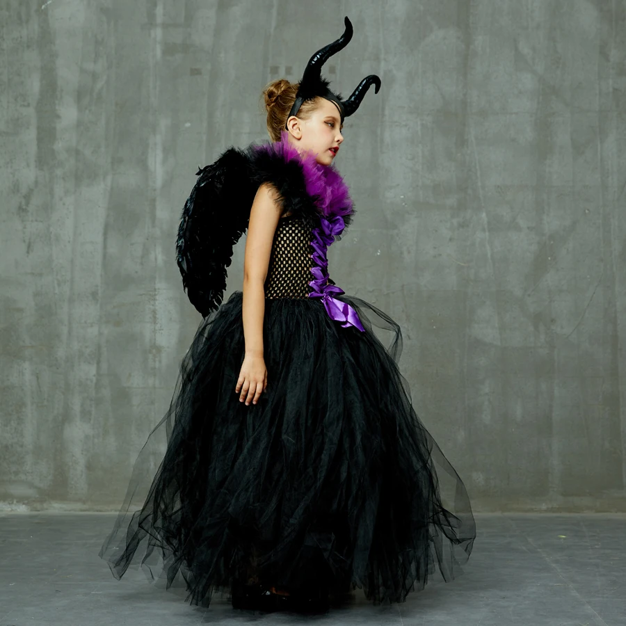 Kids Maleficent Evil Queen Girls Halloween Fancy Tutu Dress Costume Children Christening Dress Up Black Gown Villain Clothes (13)