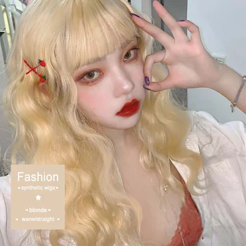 

BUQI Blonde Wigs Bangs Curly Wavy Medium Long Synthetic Heat Resistant Wavy Straight Wig For Women Party Cosplay Lolita Anime