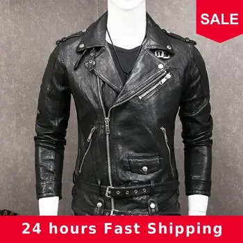 

2020 Black Men Slim Fit Biker Leather Jacket Diagonal Zipper Plus Size XXXL Genuine Sheepskin Motorcycle Leather Coat