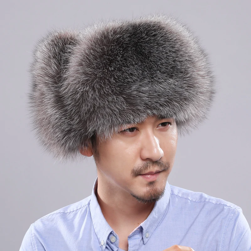 

Genuine Sheepskin Leather Winter Warm Men 100% Real Raccoon Fur Hat Russian Fox Fur Bomber Cap with Earflaps Russian Headwear