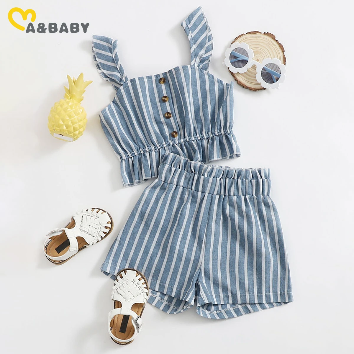 & Baby Conjunto de ropa para niños de 3 a 8 años, chaleco a rayas azules con volantes, Tops, pantalones trajes para vacaciones en la playa|set de ropa| - AliExpress