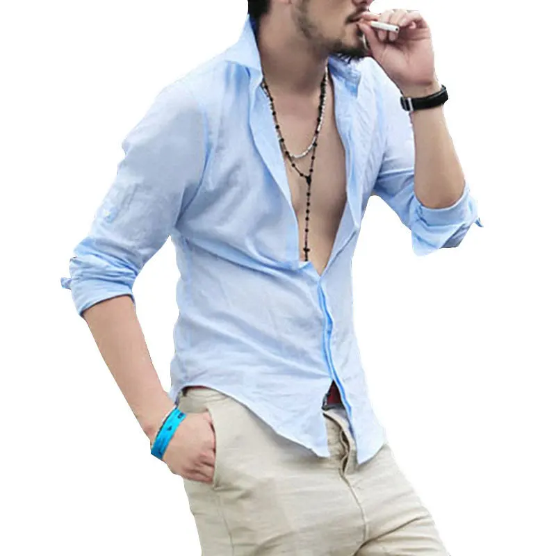 

Plus Size Cotton Linen Shirt Long Sleeve Summer Style Hawaiian Sexy Slim Fit Men Clothes New Arrival C01