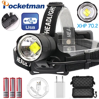 

Super Bright Rechargeable LED Headlamp XHP70.2 Powerful Headlight XHP70 Zoom High Power Headlamp Torch Headlight Camping Fishing
