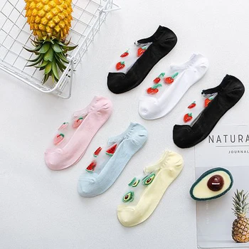 

Women Casual Summer Fashion Transparent Silk Fruit Watermelon Cherry Strawberry Avocado Peach Short Breathable socks