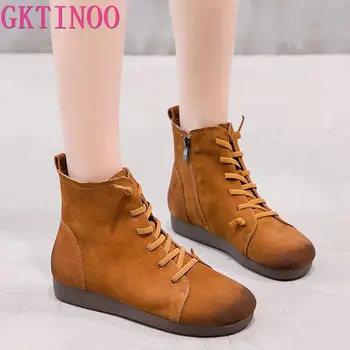

GKTINOO New 2019 Autumn Fashion Women Genuine Leather Boots Handmade Vintage Flat Ankle Botines Shoes Woman Winter botas