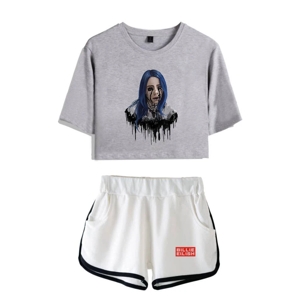 Billie Eilish короткая футболка для девочек+ черные сексуальные трендовые шорты Billie Eilish женская футболка Последняя мода горячая Распродажа комплектов