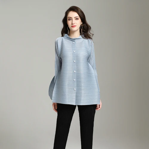 Baby Blue Новые модные женские туфли пальто свободная плиссированная ИССЕЙ Винтаж Однобортный, с воротником-стойкой Длинные рукава Топы в течение 45 кг-75 кг - Цвет: Baby Blue