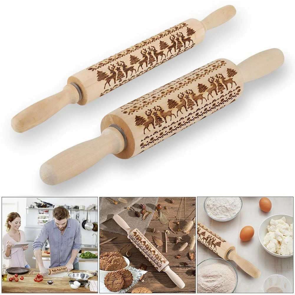 

Christmas Embossing Rolling Pin Baking Cookies Biscuit Fondant Cake Dough Engraved Wooden Roller Christmas Tree Elk Pattern