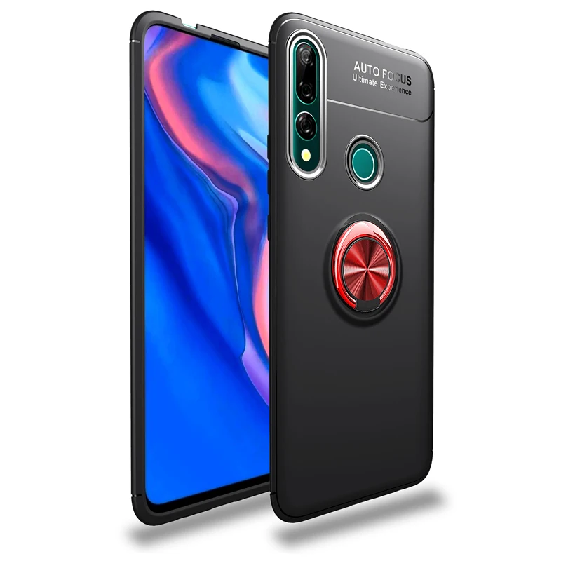 360 чехол с кольцом для huawei Honor 9X, Премиум чехол с держателем, магнитный металлический силиконовый чехол из ТПУ - Цвет: black and red ring