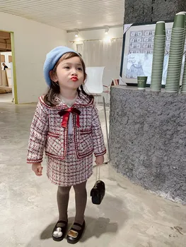 

Christmas Red Check Girls Fashion Tweed 2 Pieces Suit Coat+skirt Kids Princess Sets with Bow Girls Two Set Red Check Clothes