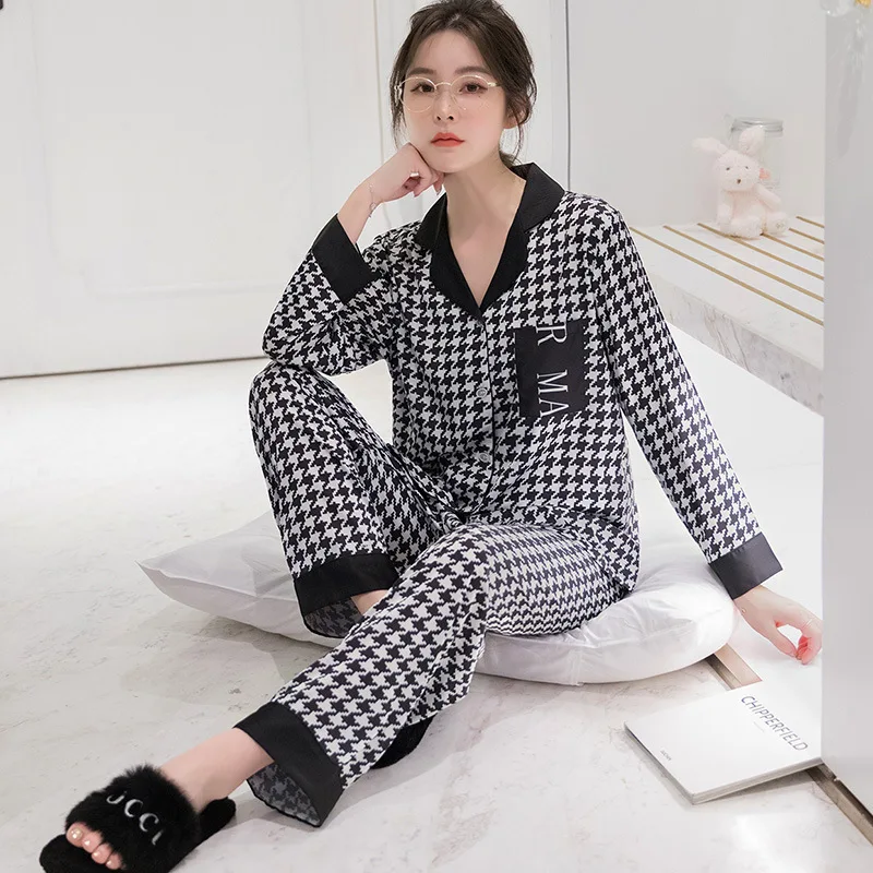 섹시한 화이트 프릴 잠옷 정장 새틴 봄 가을 라벨 잠옷 2 피스 긴 소매 잠옷, 여성 상의 & 바지 나이트 웨어 세트