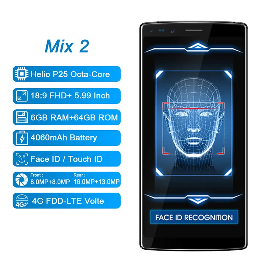 DOOGEE Mix 2 6 ГБ Оперативная память 64 Гб Встроенная память Helio P25 Octa Core 5,99 ''FHD + безрамочный экран смартфон Quad Камера 16,0 + 13,0 Мп 8,0 + 8,0 Мп Android 7,1 4060 мАч