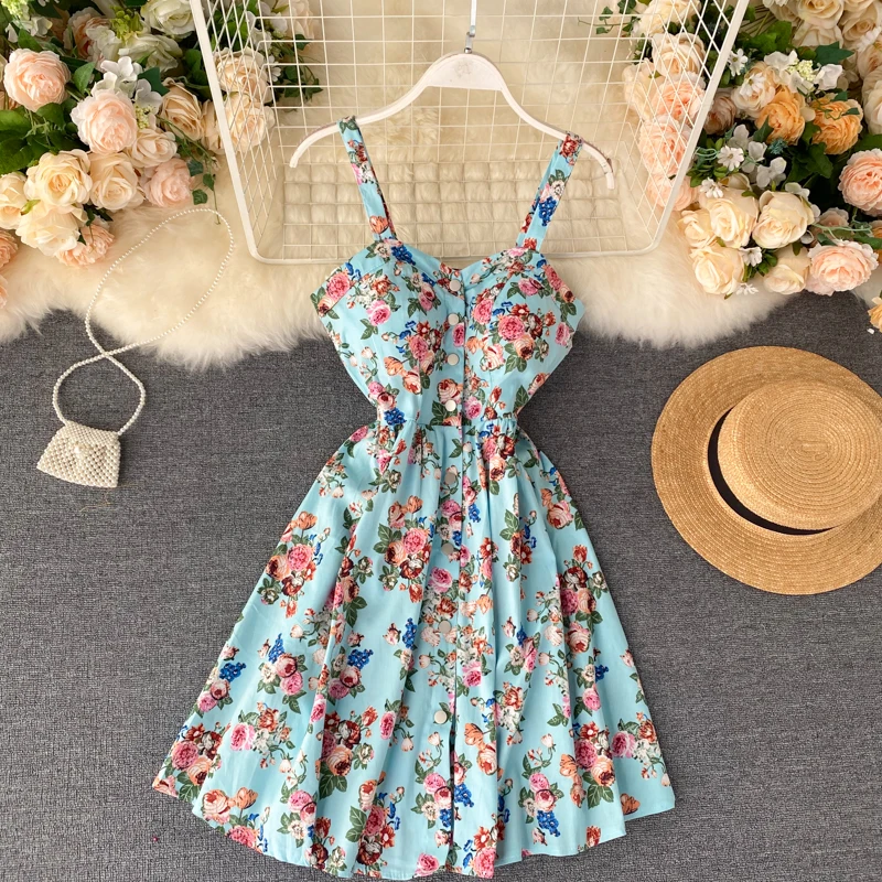 Boho 2021 Цветочный принт в винтажном стиле спагетти ремень Лето мини короткое