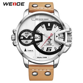 

WEIDE Mens Watch Military Sport PU Brown Leather Strap Belt Quartz Movement Analog Clock Watch Casual Fashion Relogio Masculino