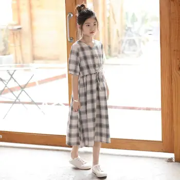 

Summer Girls Clothes Korean Big Girls Casual Plaid Dress Kids Girls Retro V-neck Dresses Cotton Elegant Long Style Dress