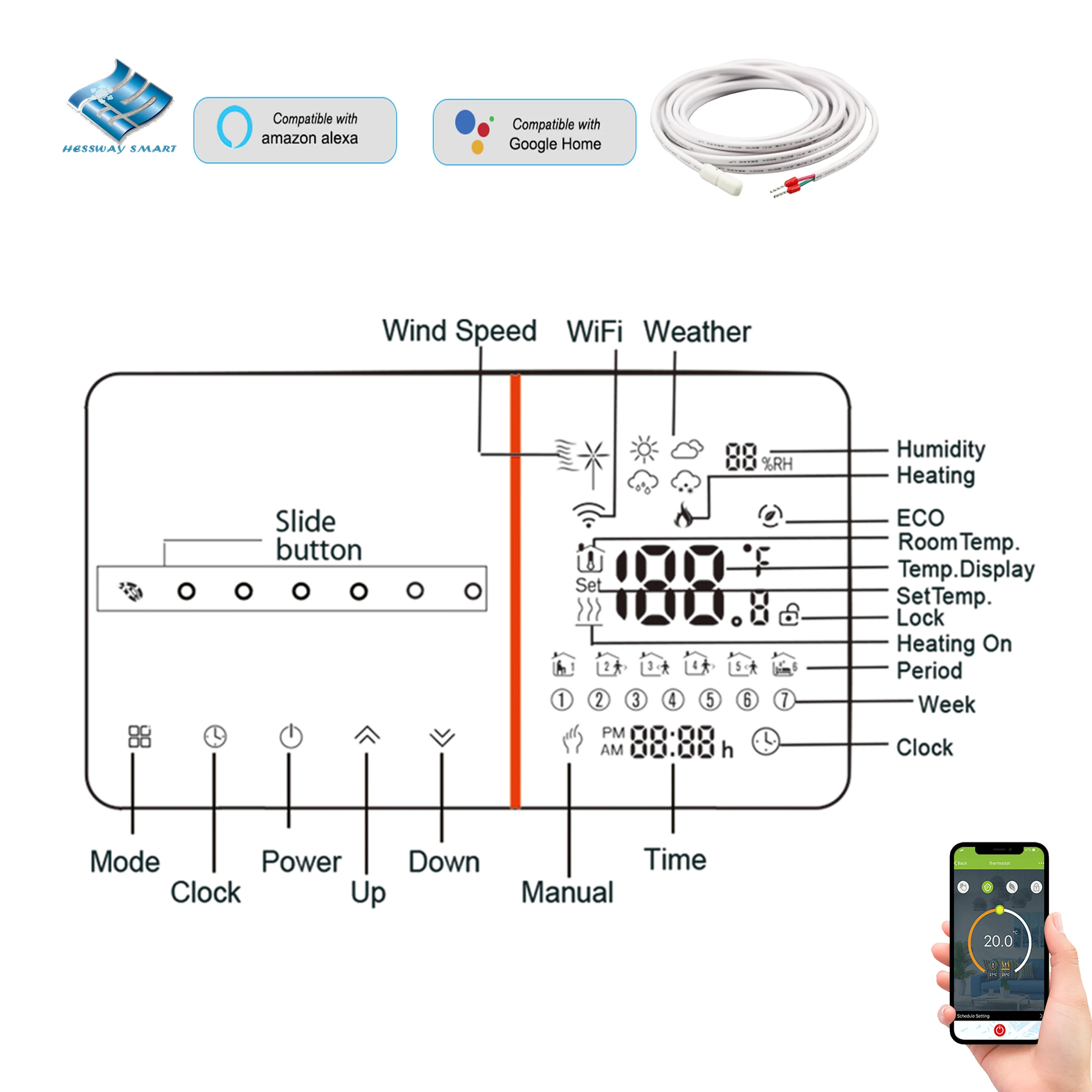 Termostato Per Riscaldamento A Pavimento Elettrico A Doppio Sensore Tipo Eu 118 Smart Wifi Per Caldaia A Gas Opzionale Contatto A Secco Nc/No Connessi