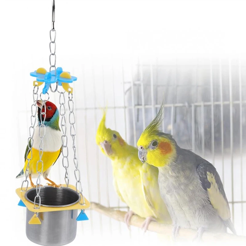 

1Pcs Parrot Bird Feeder Stainless Steel Food Cup Container Stainless Steel Hanging Cage Food cup Swing for Bird Cage Accessories