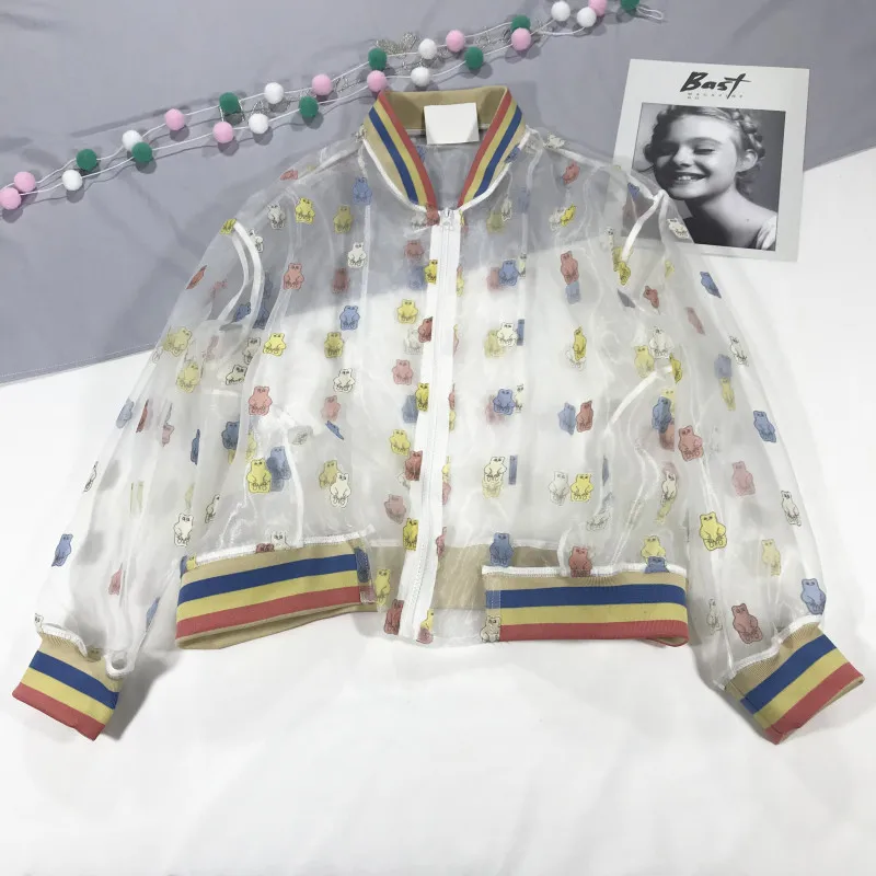 

Neckline Cuff Color Thread Full Body Color Cartoon Bear Printed Thin Coat Sun Protection Clothing
