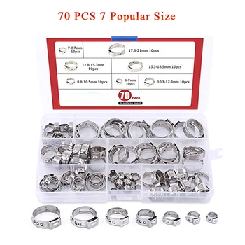 

Free shipping Pipe Clamp High Quality 70Pcs 7-21mm 304 Stainless Steel Single Ear Stepless Hose Clamps Assortment Kit